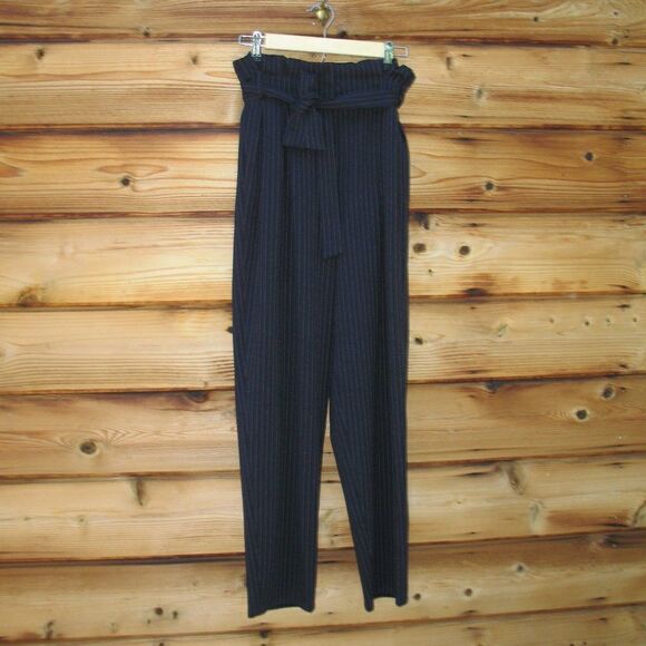 High Waist Black Tapered Leg Striped Pants - Picture 1 of 8